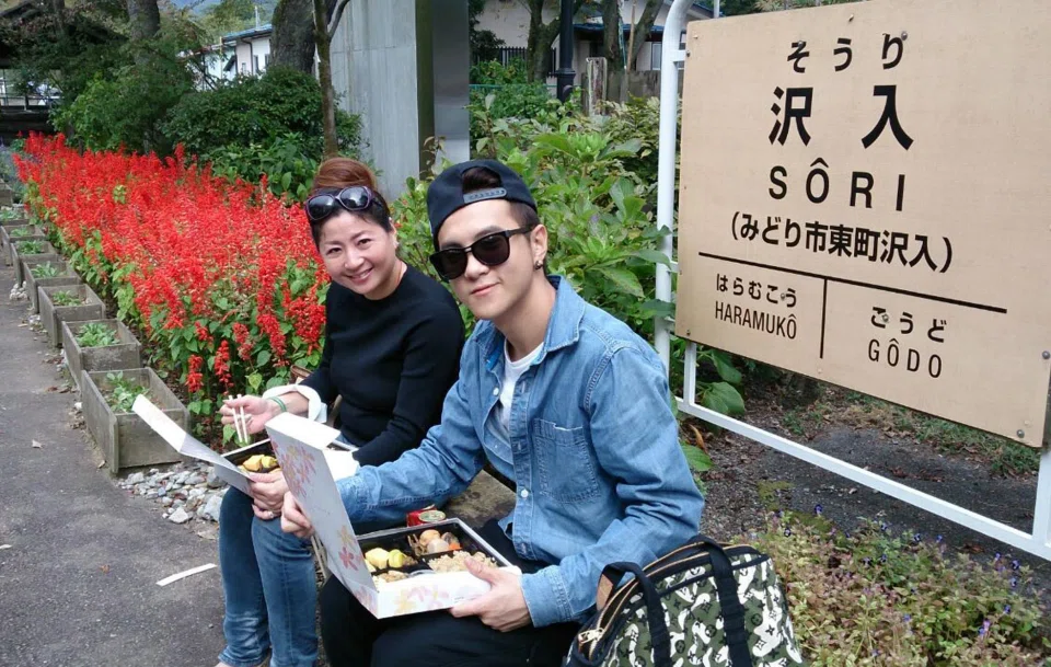 Fang (right) with his mother Ms Fang Pei Pei (left) in Japan filming for the reality travel series Family Wanders (2015). PHOTO: IAN FANG