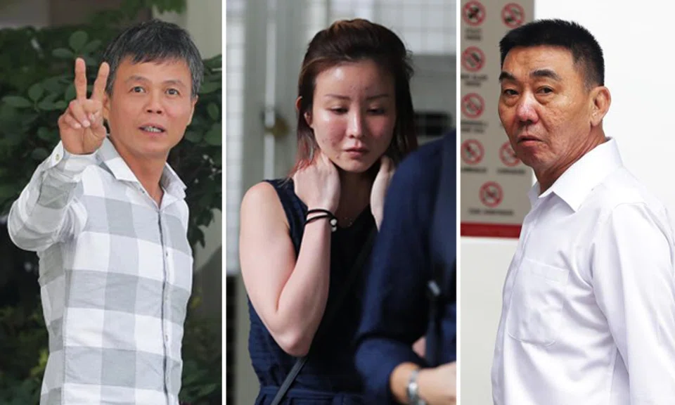 Ong Hock Chye (left) and Lim Hong Liang (right) are on trial for alleged involvement in a conspiracy to cause grievous hurt to Mr Joshua Koh Kian Yong, whom Ms Audrey Chen Ying Fang (center) was dating. Photos: The Straits Times