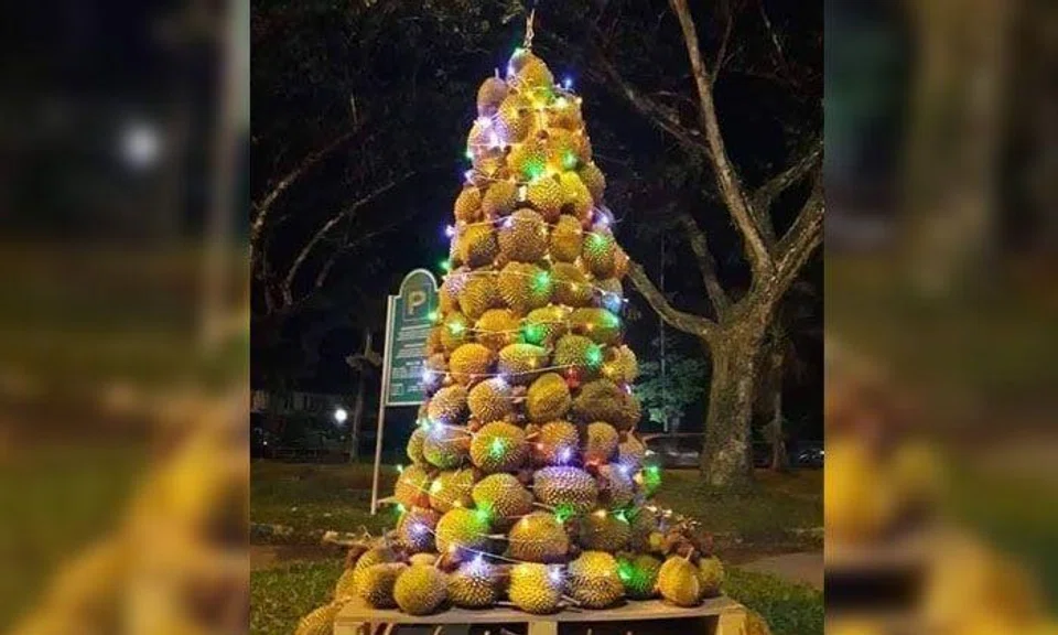 This stack of over 200 durians is really the king of all Christmas trees