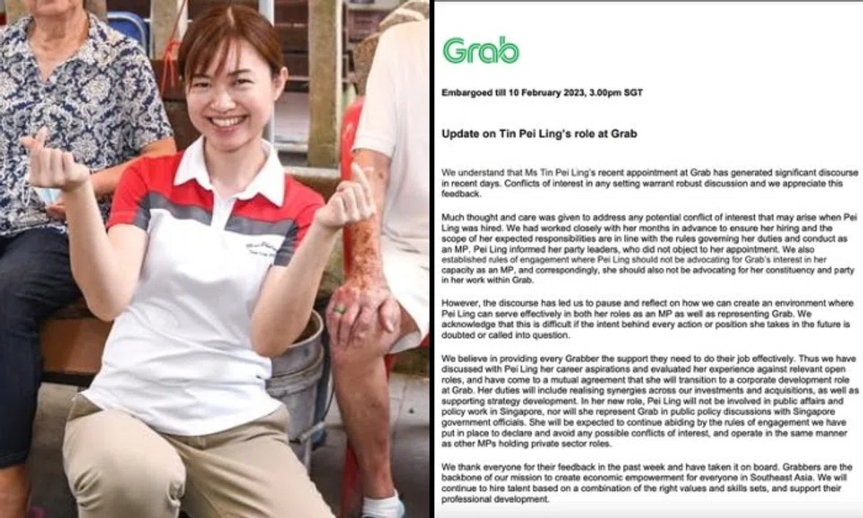 Member of Parliament Tin Pei Ling will switch to a new job scope at Grab Singapore following the public outcry that accompanied her appointment as its director of public affairs and policy last week.