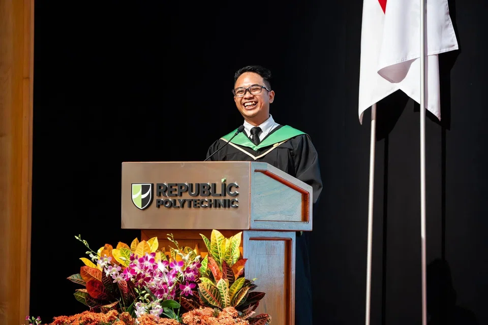 Mr Muhammad Haikal Nekla giving his valedictorian speech during his graduation ceremony at Republic Polytechnic.