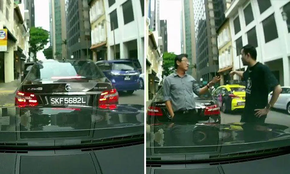 Merc driver reverses into guy's car -- then shouts at him and walks away like he did nothing wrong