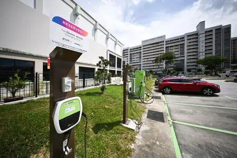Electric vehicle charging points at a carpark near Block 828 Tampines Street 81. More than 1,600 HDB carparks now have EV chargers.