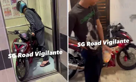 Netizens slam motorcyclist who brought bike into lift and parked it outside Teban Place flat