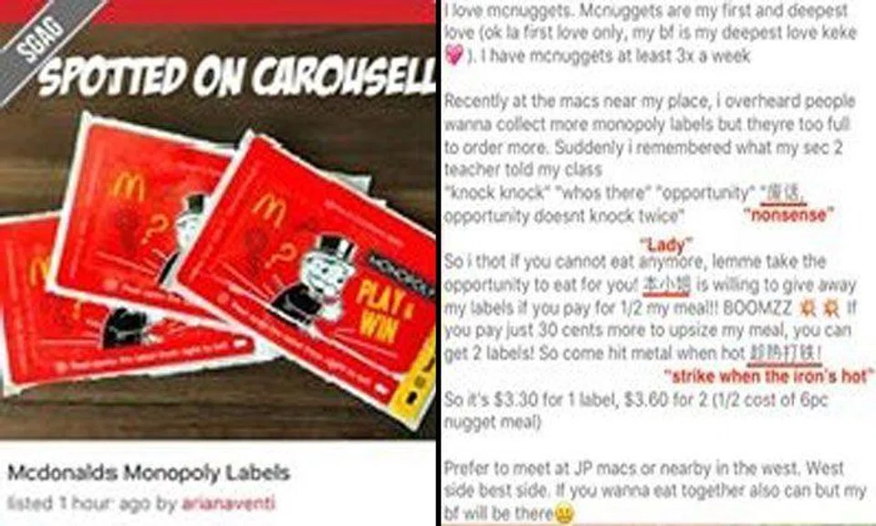Entrepreneurial Singaporean sell Macdonald's Monopoly labels online