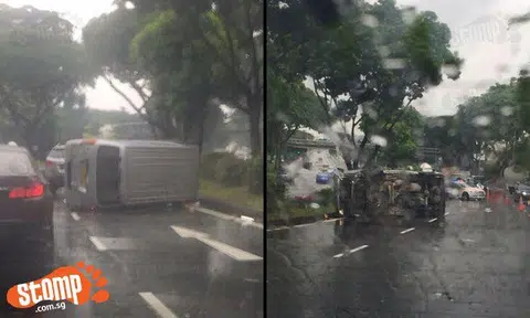 Silver van topples over at Adam Rd, massive jam ensues