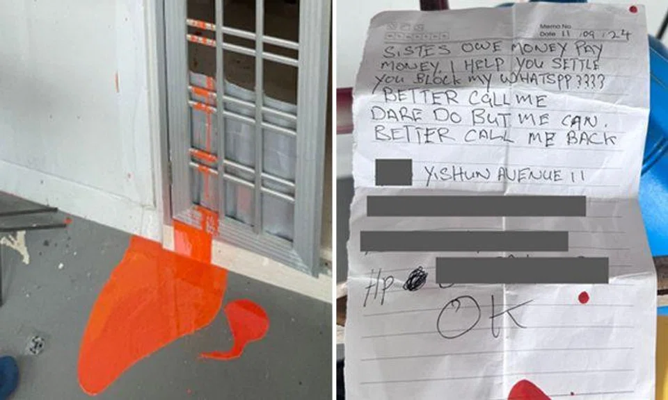 Yishun flat kena red paint and debtor's note saying: 'I help you settle, you block my WhatsApp????'