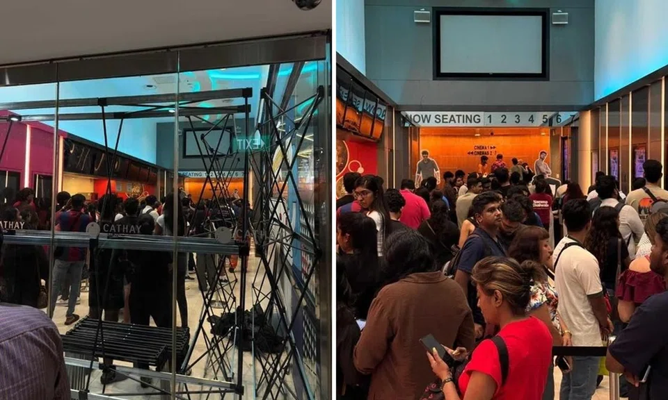 Patrons queueing at the SAS Cineplex box office in Causeway Point to purchase tickets to the Tamil film Jana Nayagan.