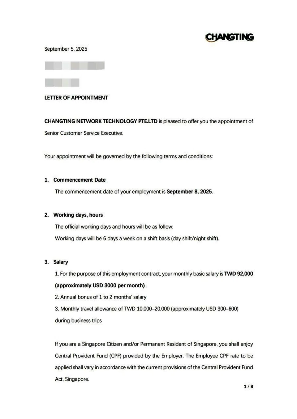 The contract that had been given to foreign national A after he agreed to an offer by Changting Network Technology.