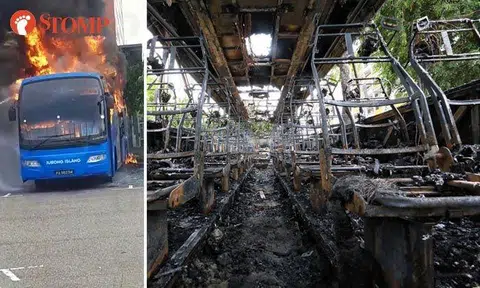 Blazing flames engulf bus at heavy vehicle park in Jurong West