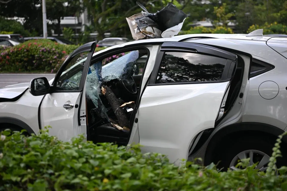 A broken branch was lying upright on the front passenger seat, which had the shattered windscreen caved in towards it. ST PHOTO: AZMI ATHNI