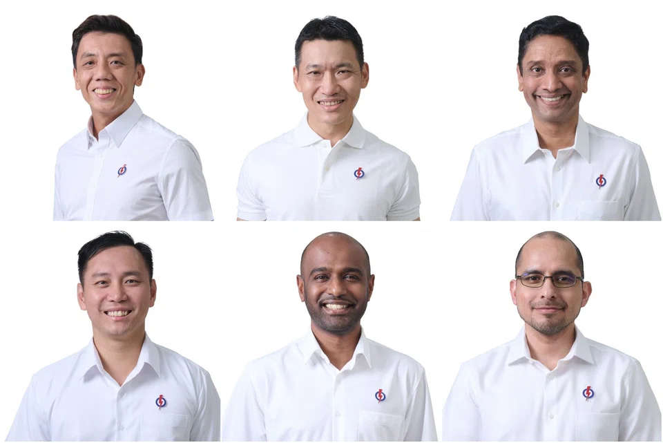 (Clockwise from top left) Chua Chu Kang GRC MP Jeffrey Siow, Tampines GRC MP David Neo, East Coast GRC MP Dinesh Vasu Dash, Nee Soon GRC MP Syed Harun Alhabsyi, West Coast-Jurong West GRC MP Hamid Razak and Marine Parade-Braddell Heights GRC Goh Pei Ming.