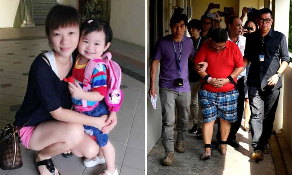 In a statement to the police, Teo Ghim Heng (right, shackled) said that on Jan 20, 2017, his wife Choong Pei Shan (left, with daughter Zi Ning) chided him for not having money to pay the child’s school fees. PHOTOS: ADE TEO/FACEBOOK, ST FILE