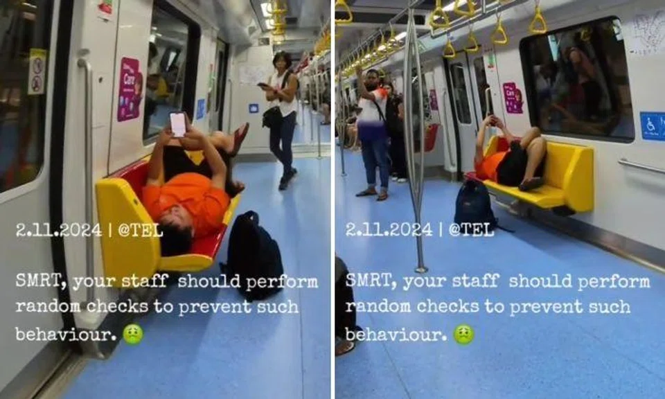 Man on train lies down across row of seats and looks at phone: Should passengers do something?