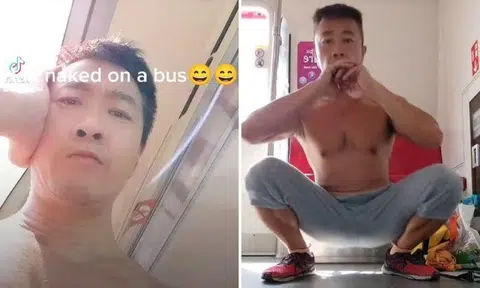 TikTok user Chiajitkiat on a public bus and doing squats on a train without a shirt.