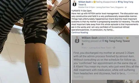 Man claims Ng Teng Fong General Hospital discharged elderly mum without withdrawing IV needle