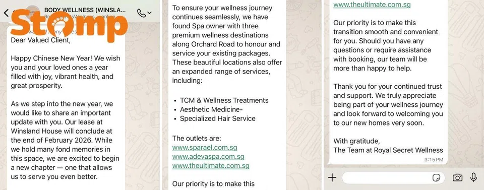 The Stomper shared a screenshot of a message from Royal Secrets Wellness listing the spa service providers in the Orchard Road area.