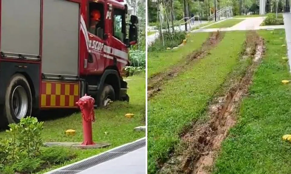 SCDF gets vehicle contractor to recover fire engine with front wheels stuck in ground in Tengah 