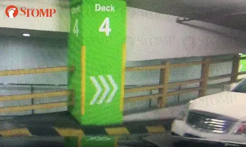 Goondu driver of Nissan SLK3595E drives up ramp of Plaza Sing carpark -- and against traffic flow