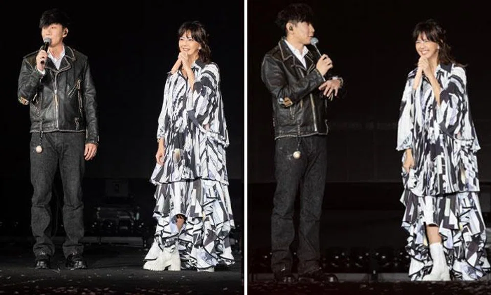 JJ Lin (left) made a surprise appearance at Stefanie Sun's concert in Singapore on April 13. PHOTOS: MAKE MUSIC