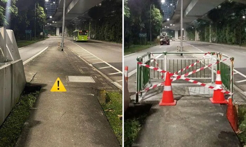 After a cyclist fell at a road divider between Telok Blangah Road and West Coast Highway, the Land Transport Authority (LTA) erected barriers to prevent pedestrians and cyclists from using it as a public path, which it is not meant for.
