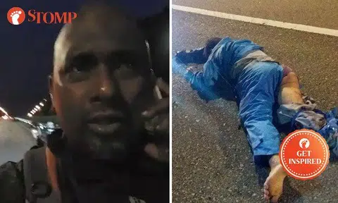 Stomper Stone (left) stopped to render assistance to an injured victim in an accident (right).