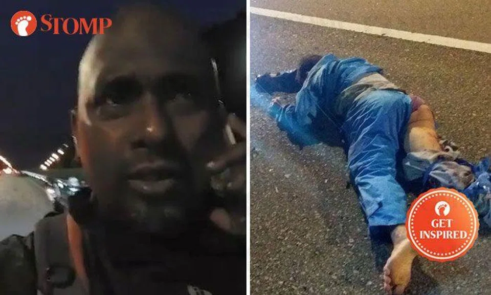 Stomper Stone (left) stopped to render assistance to an injured victim in an accident (right).