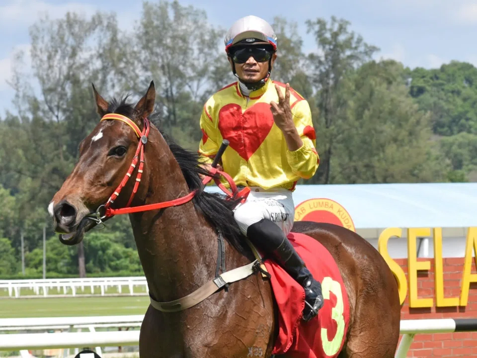 Kong Fu Panda (Shafiq Rizuan) after his win in the Chairman's Trophy (1,400m) at Sungai Besi on March 17. Jockey Jackson Low Kang Cheng takes the reins in the Supreme B race (1,020m) on Feb 16.
