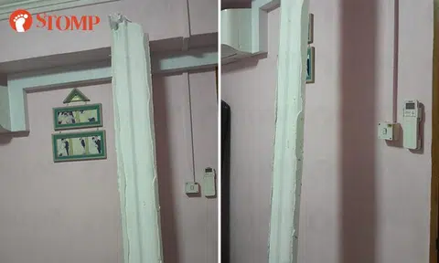 Long piece of cornice falls from ceiling onto bed where Stomper's daughter sleeps and hits her hand