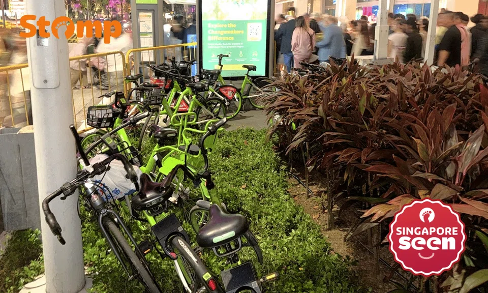 Police seen 'throwing' Anywheel bicycles onto grass outside MBS due to massive crowd on New Year's Eve