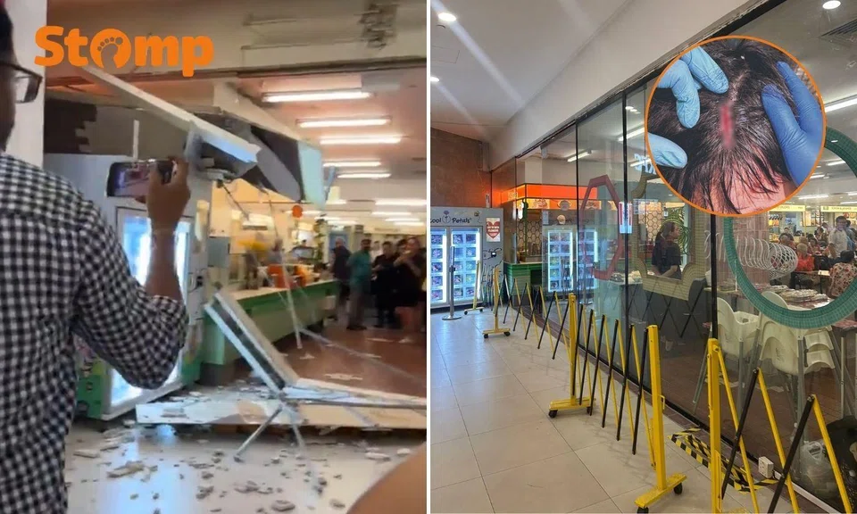 Fallen signboard at Food Junction Rivervale Mall, barricades along entrance