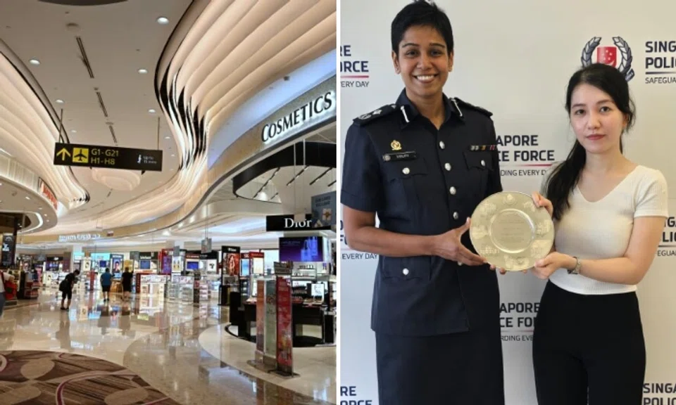 Commander Airport Police Division, Assistant Commissioner of Police M Malathi, presenting the Public Spiritedness Award to Ms Phung Thao Ngan. Photo: Singapore Police Force