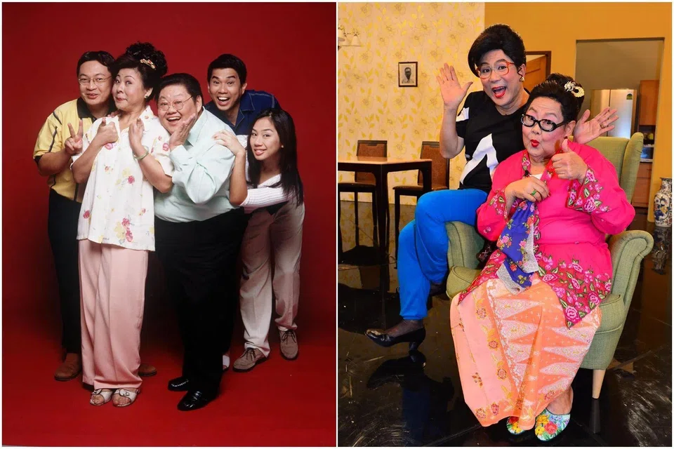 Moses Lim played Tan Ah Teck in TV sitcom Under One Roof (left) and created his Peranakan bibik persona Ah Jiao in Comedy Nite.