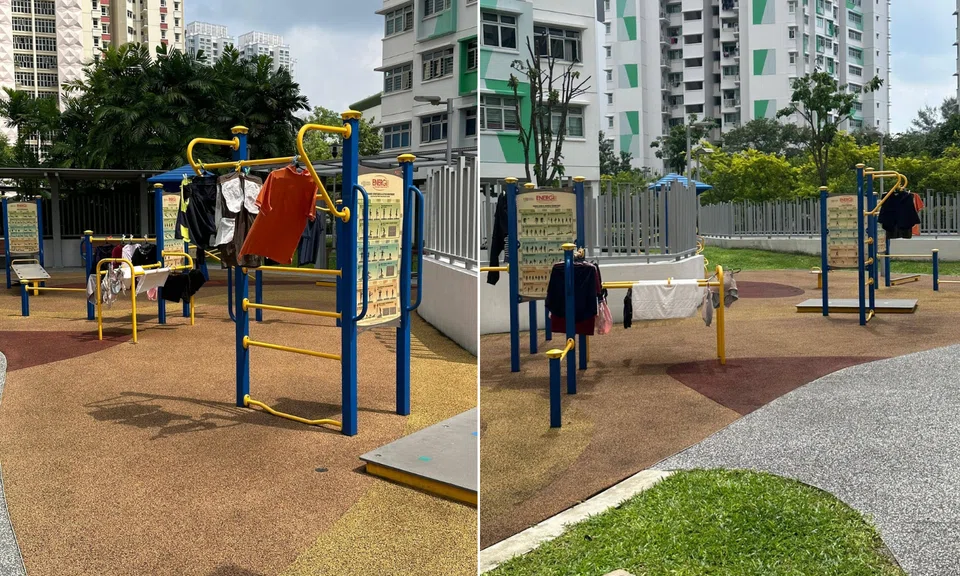 An HDB fitness corner in Fernvale Link had laundry hung on its exercise equipment.