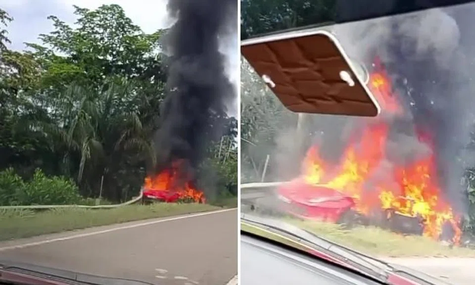 A Singapore-registered Ferrari crashed into a guard rail and caught fire on a highway in Pahang.