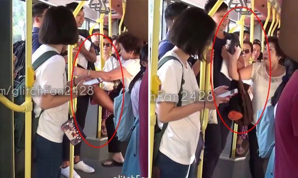 Who's in the wrong? Old lady and young man argue on SBS bus -- kicking and spitting at each other