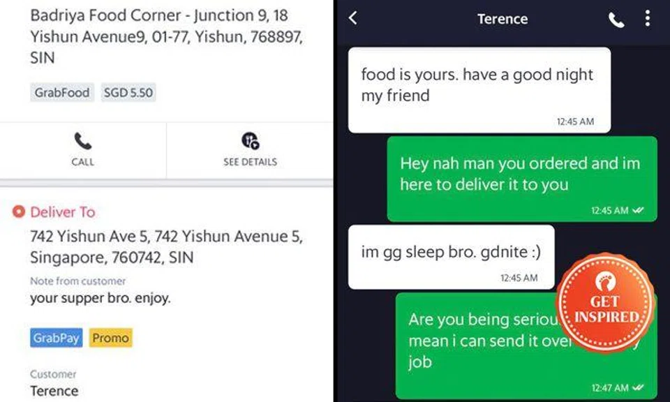 Man orders meal from GrabFood -- then gives it to deliveryman as supper