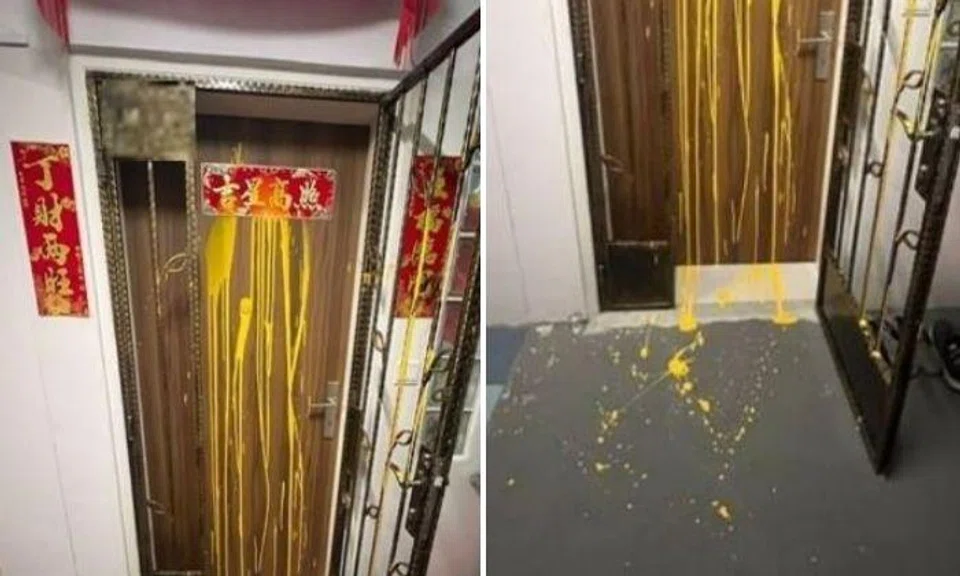 Door of Bukit Merah flat splashed with yellow paint, man arrested for loanshark harassment on same day