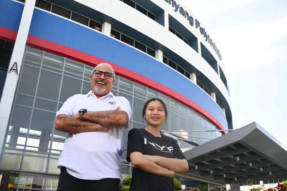 Amillie Chan (right) with her polytechnic lecturer and mentor at Nanyang Polytechnic, Mr Paul Singh Gill, on July 3.