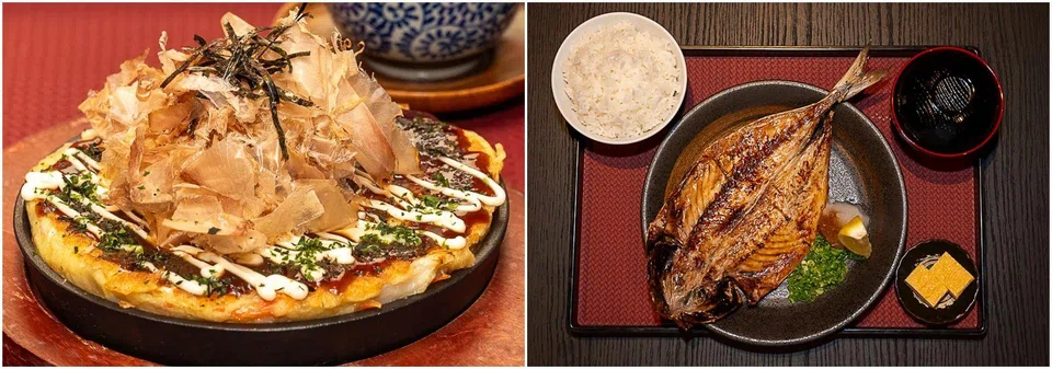 On Kukai’s extensive menu are dishes such as okonomiyaki (left) and grilled horse mackerel.