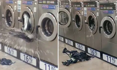 Laundromat machine spins out of control after someone tries to wash playpen in it