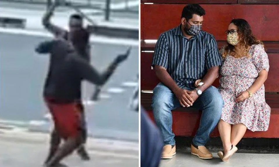Mr Amila Chinthana, pictured with his wife (right) on March 15, was recording the scene with his mobile phone when the man charged at him. PHOTOS: SCREENGRAB FROM ROADS.SG/FACEBOOK, DESMOND FOO