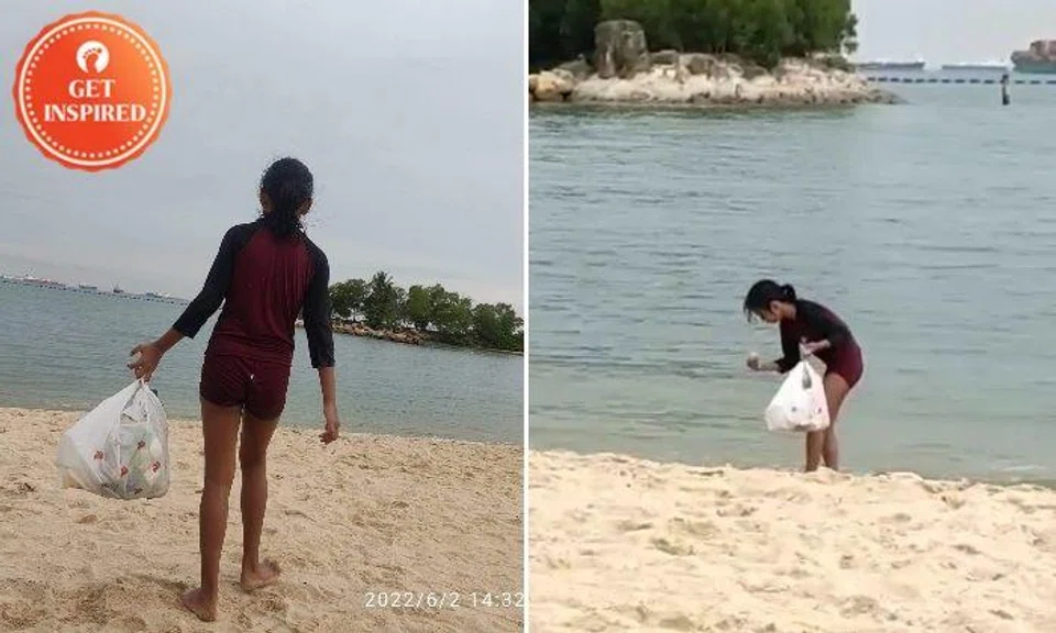 Yang Keai, 9, started going around with a white plastic bag and picking up litter.