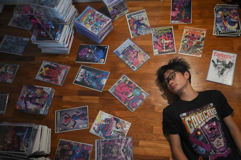 Galactus superfan Lael Lee, 14 – with part of his collection of comics and paraphernalia at home – got hooked on the supervillain after being introduced to the Marvel Snap digital collectible card game that he discovered via Instagram. 