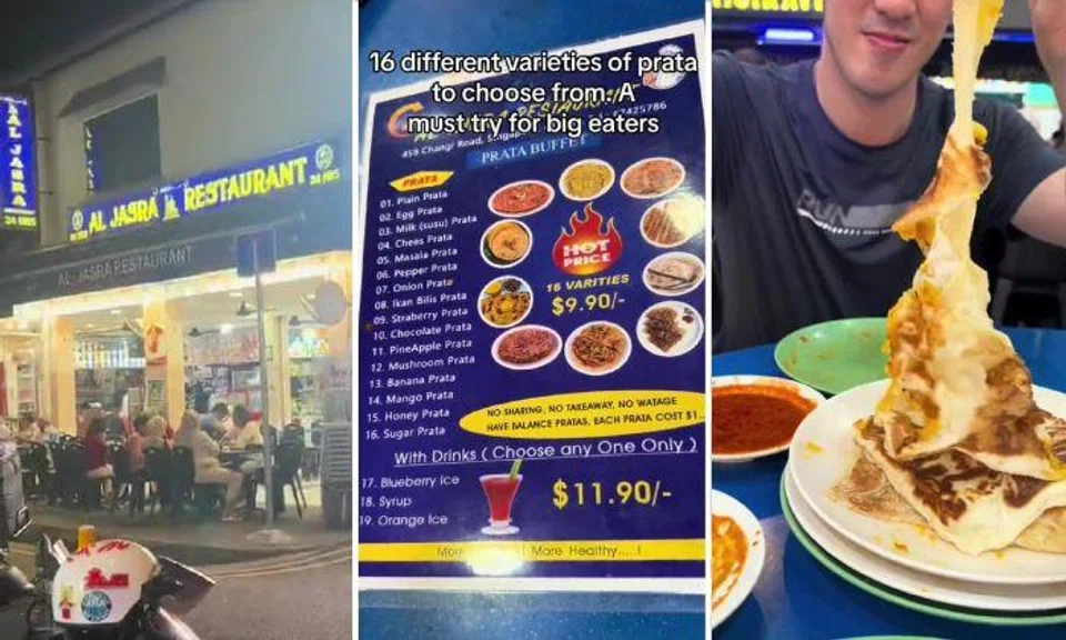 In a TikTok video about Al Jasra posted by Lobang Bro on Aug 15, the menu board indicated that the prata buffet offers 16 varieties for $9.90.