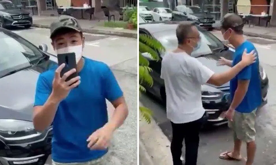 Men argue over car engine left running at Sixth Avenue: "Did you take your theory test?"