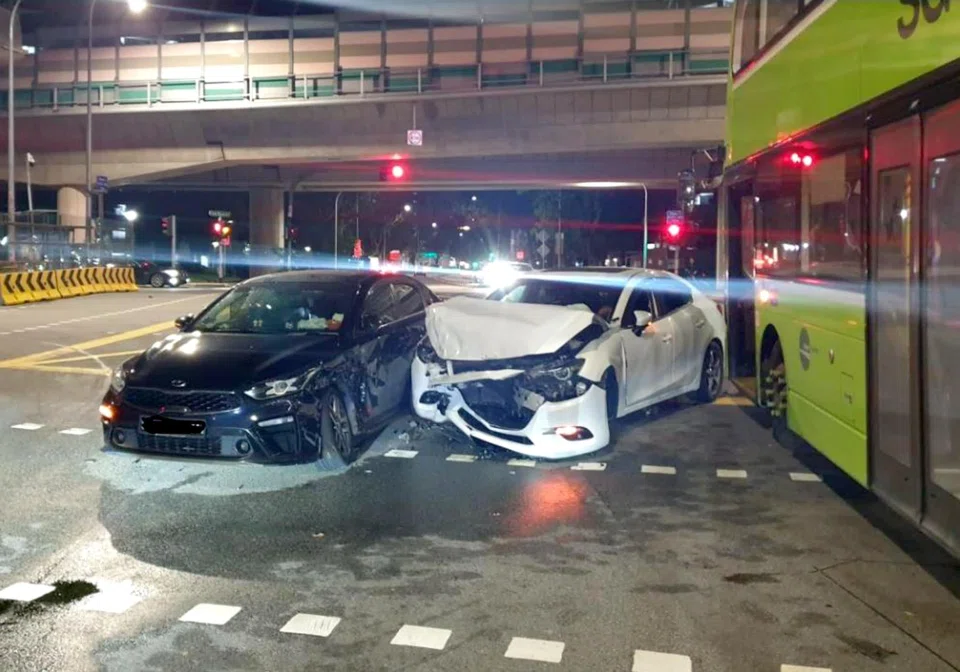 The post-accident scene at the junction of Toh Guan Road and Jurong East Central.