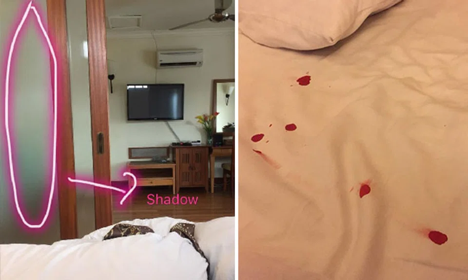 Left: The spot where the victim saw the man's shadow. Right: Blood stains left by the man, after getting injured by the victim during their scuffle.