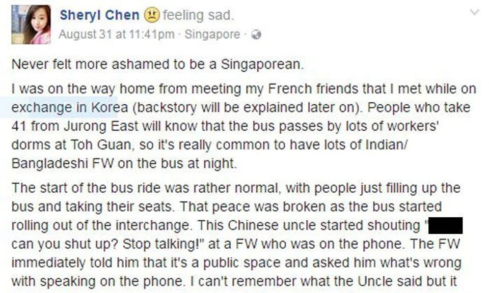 Brave S'pore girl stands up for foreign worker who was verbally abused by racist uncle on bus -- while others simply kept quiet