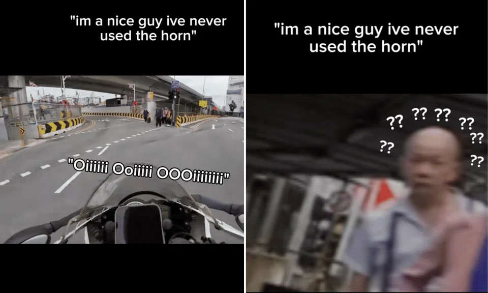 A motorcylist startled jaywalker pedestrians when he shouted at them. 